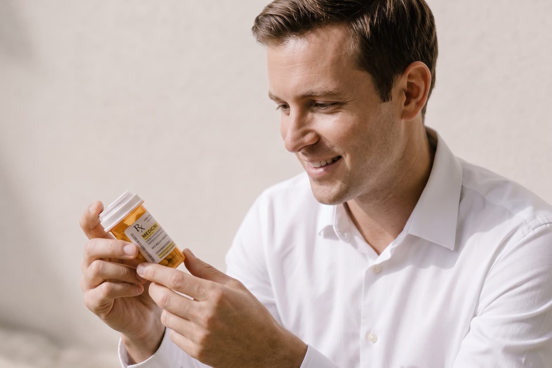 A physician reading the label of a prescription medicine bottle