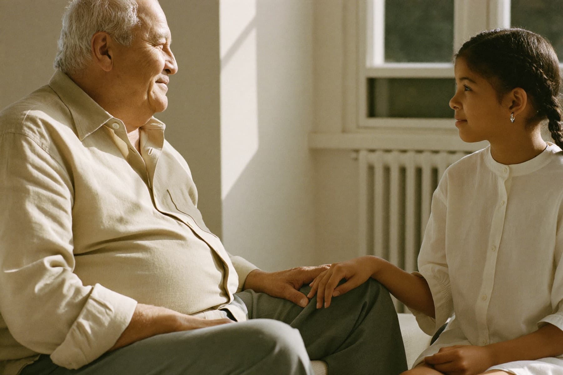 An elderly man and his granddaughter sitting together in the sun