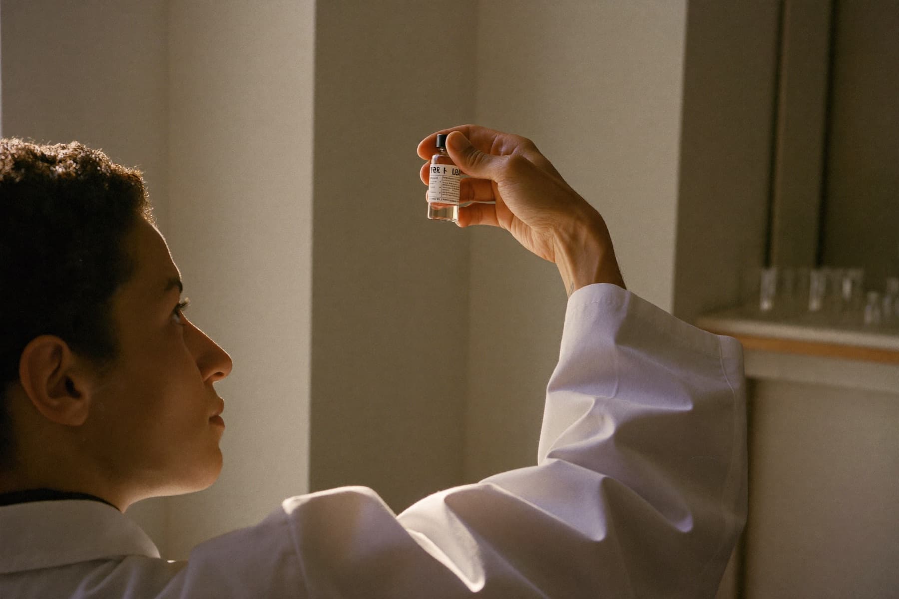 A scientist in a white lab coat holding a vial up to the light